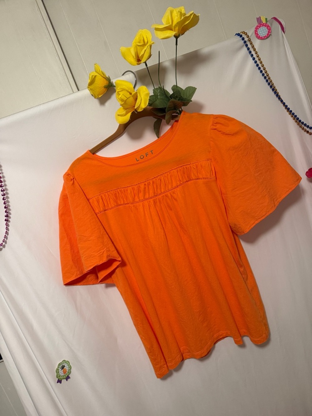 LOFT Bright Orange Short Sleeve Peasant Blouse
